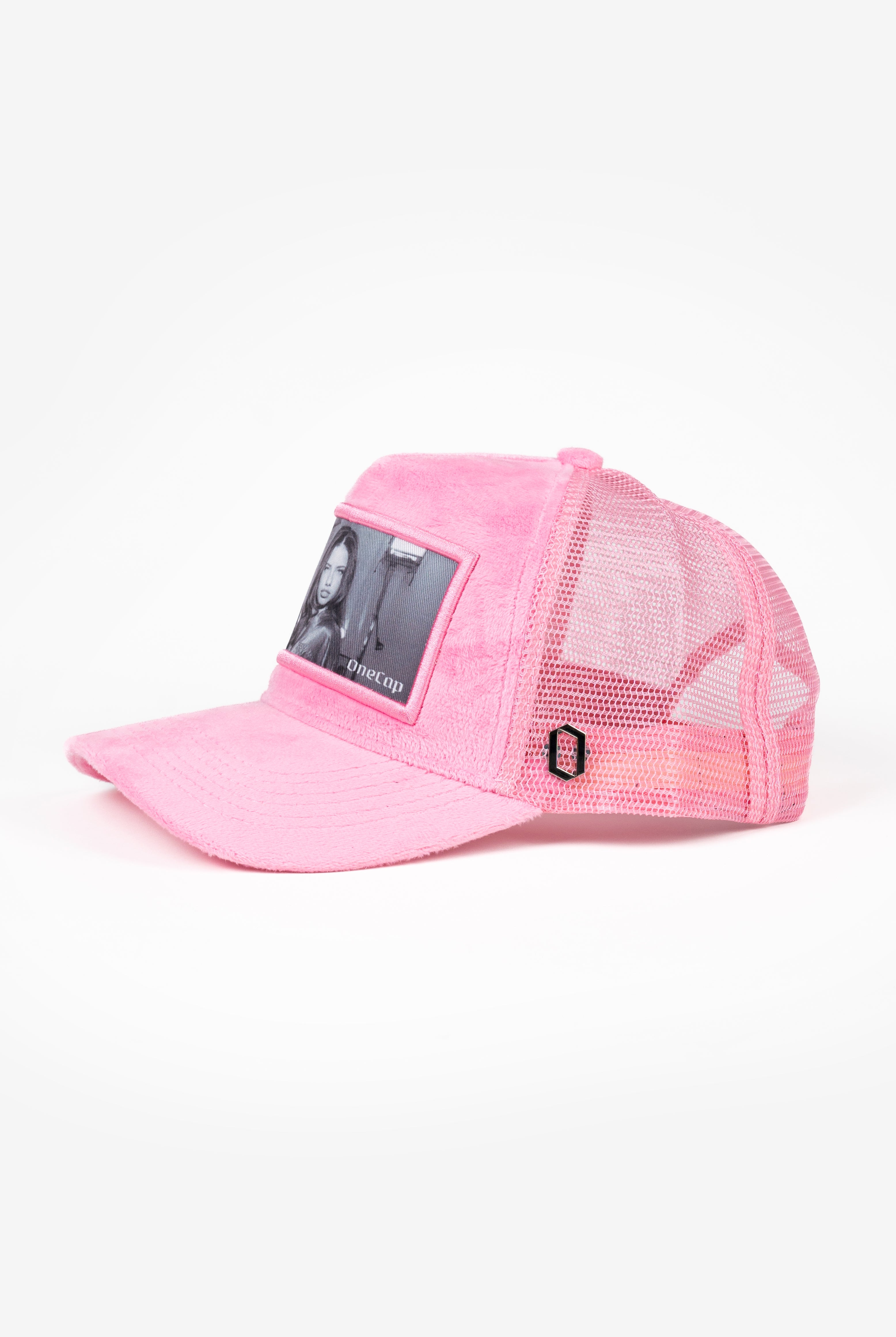 Pink trucker hat with Adriana Lima image on front panel
