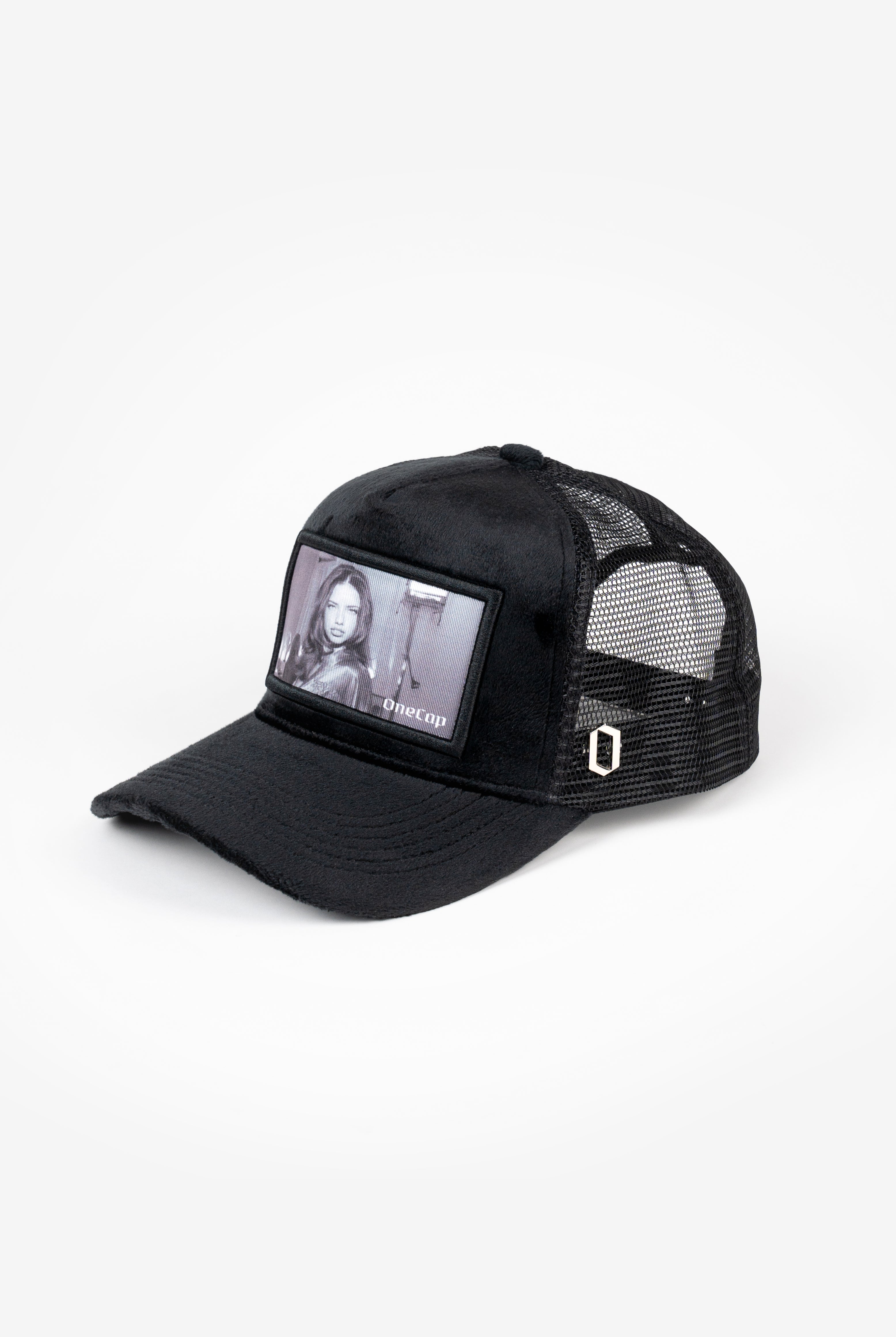 Black mesh trucker hat with Adriana Lima photo, stylish fashion accessory featuring supermodel image, perfect for casual wear.