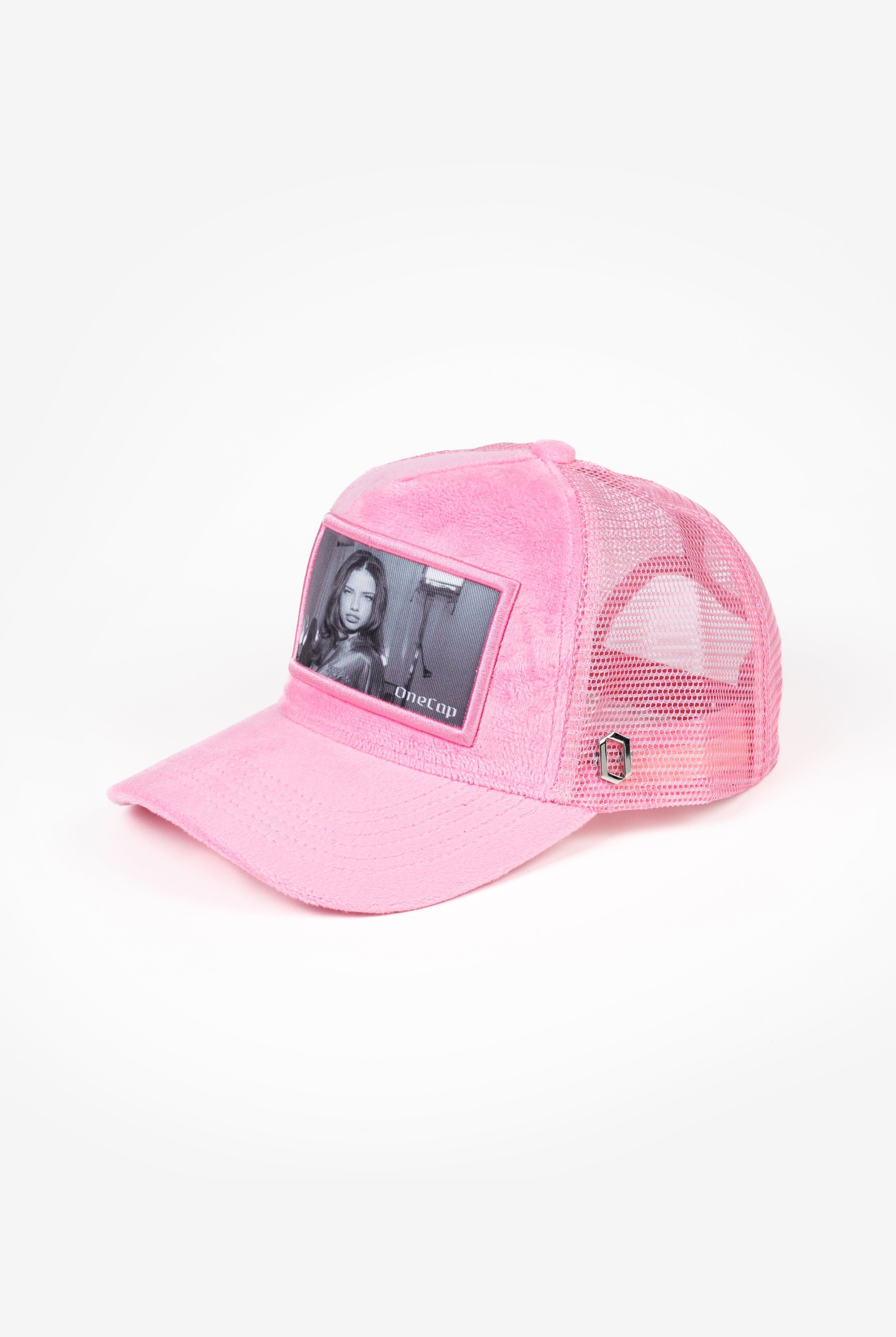 Pink mesh baseball cap with a photo of a woman on the front