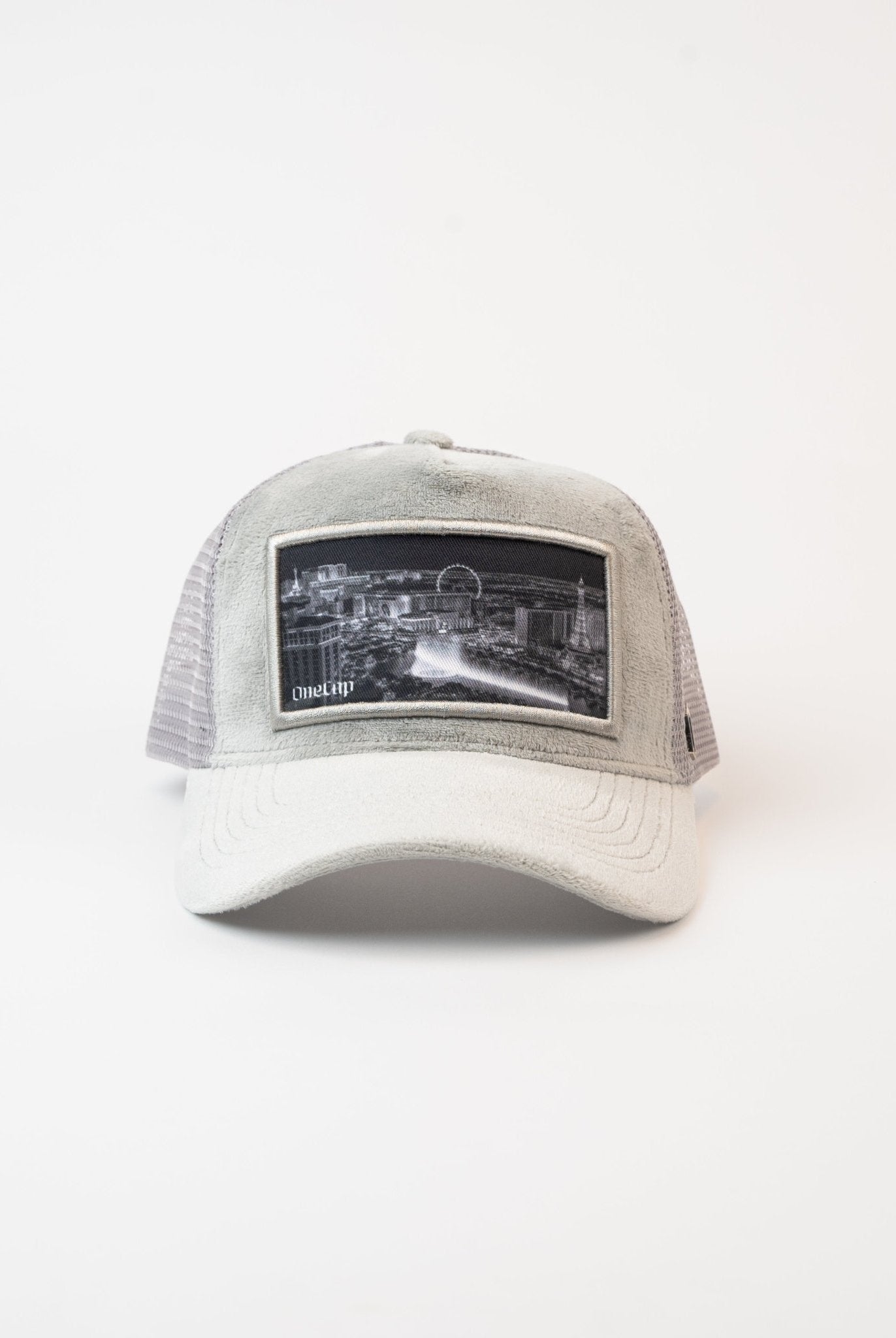 Gray baseball cap featuring a black and white image of Las Vegas skyline, highlighting the city's iconic Strip.