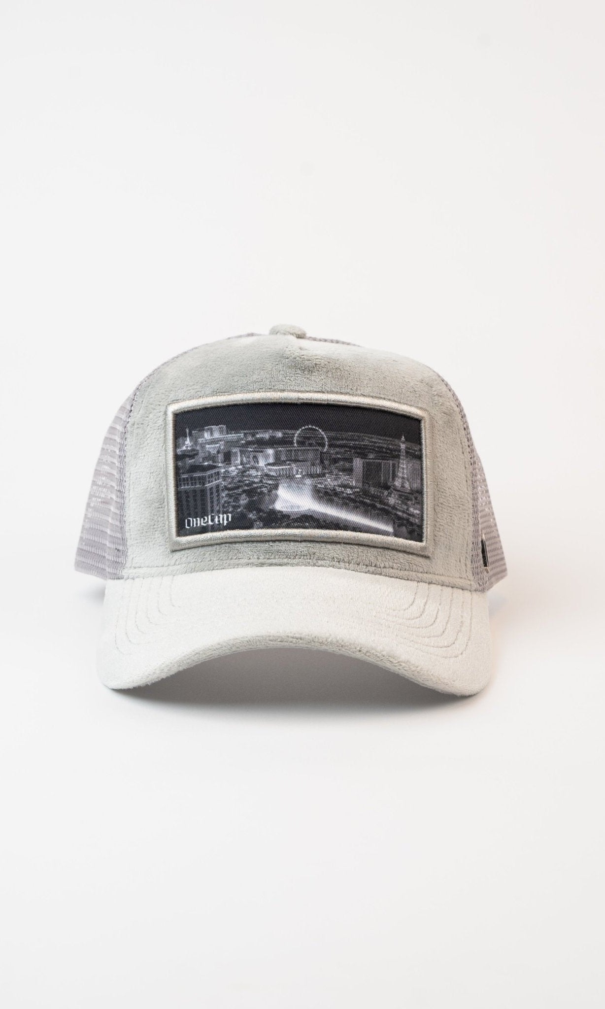 Gray baseball cap featuring a black and white image of Las Vegas skyline, highlighting the city's iconic Strip.