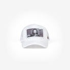 White cap featuring a printed image of Adriana Lima with a clear plastic cover