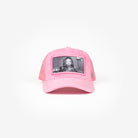 Pink baseball cap featuring a black-and-white image of a model in the front panel.