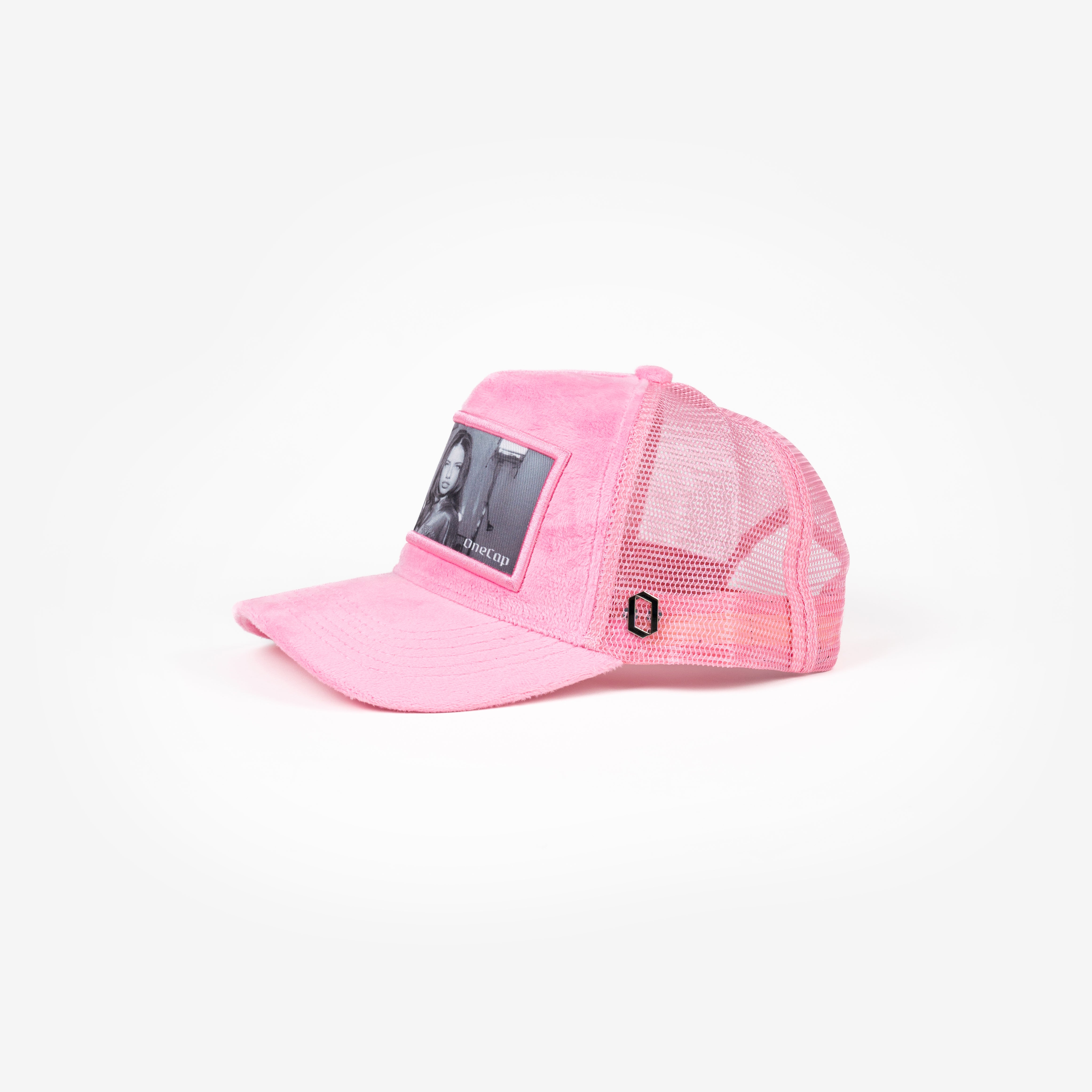 Pink trucker hat with Adriana Lima image on front panel