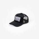 Black mesh trucker hat with Adriana Lima photo, stylish fashion accessory featuring supermodel image, perfect for casual wear.