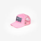 Pink mesh baseball cap with a photo of a woman on the front