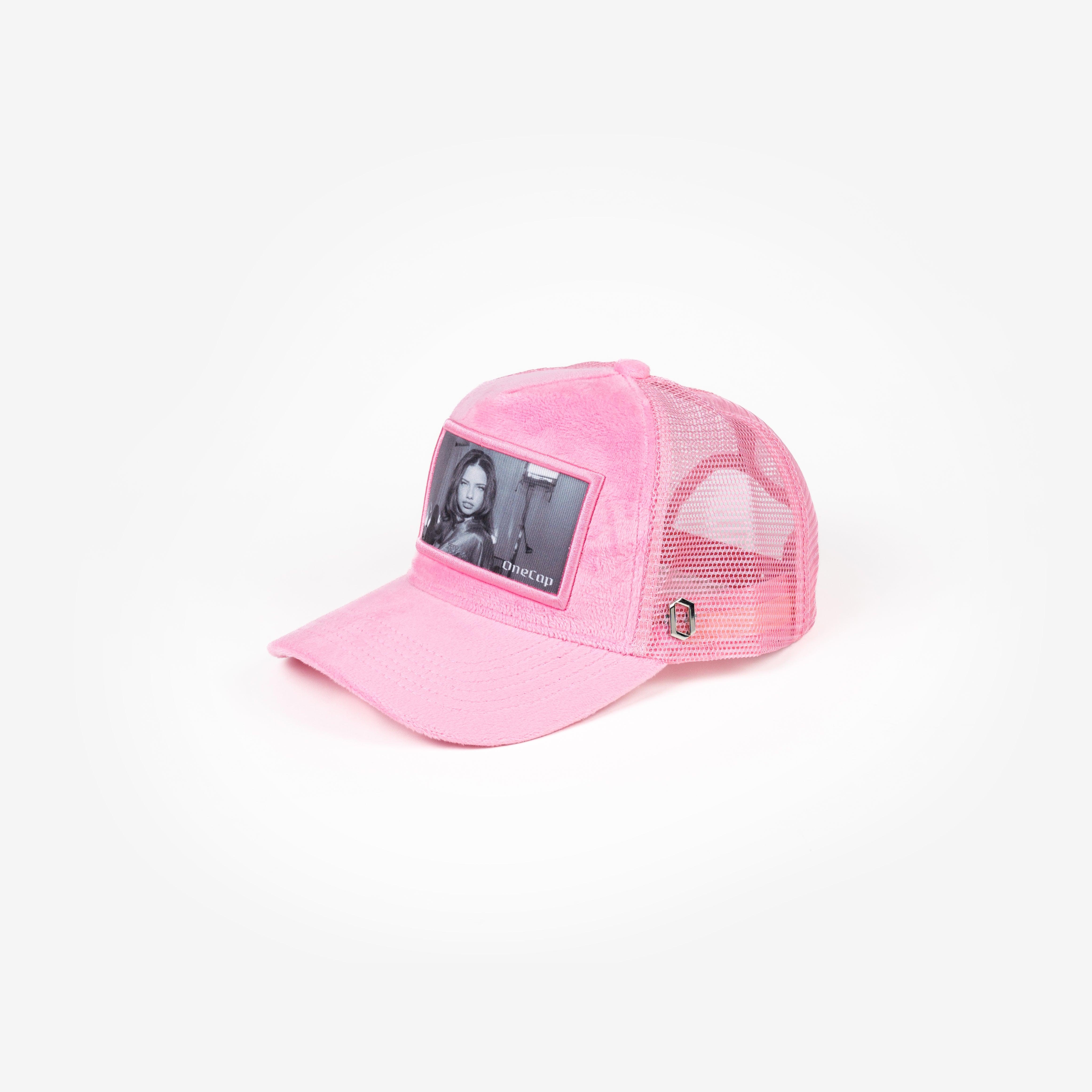 Pink mesh baseball cap with a photo of a woman on the front