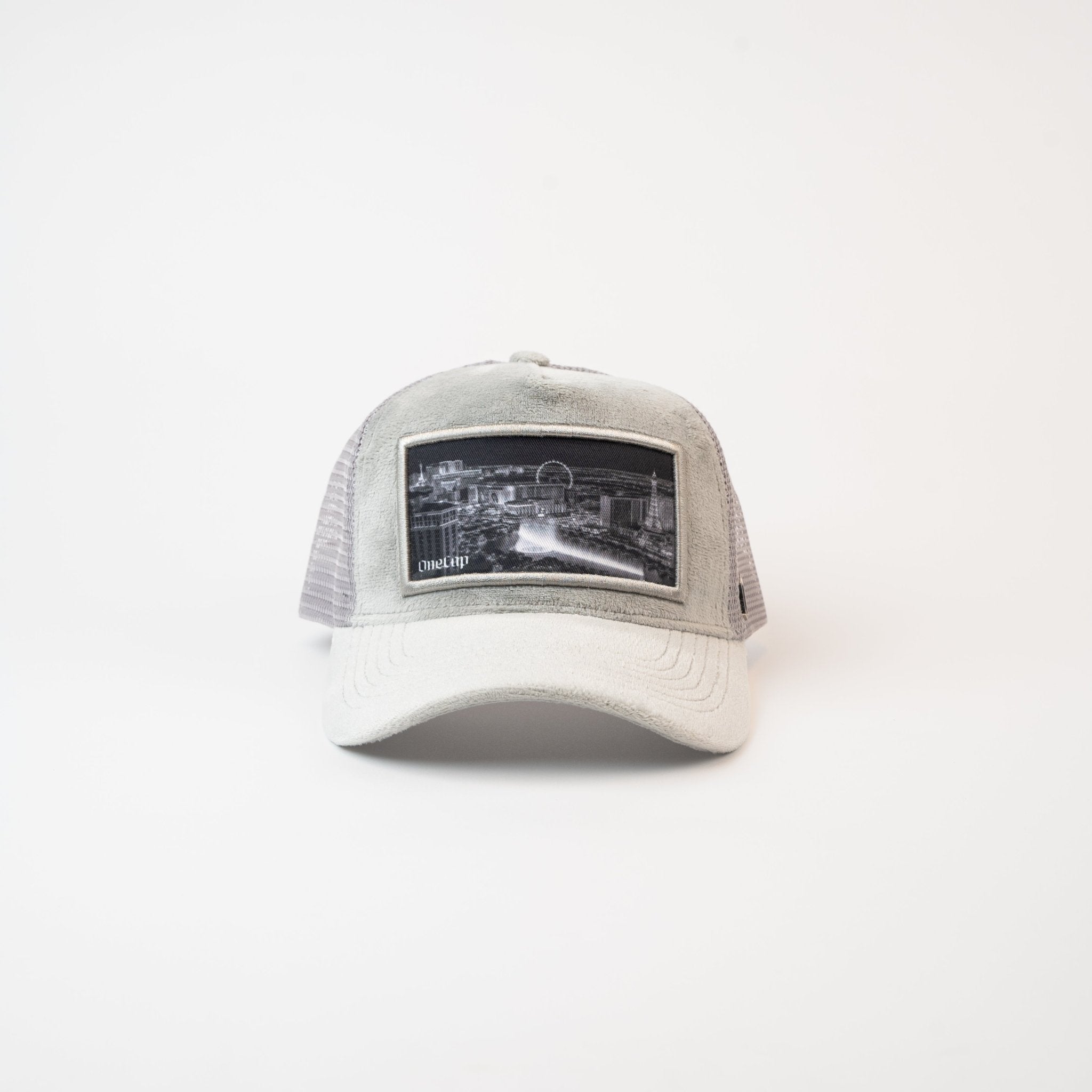 Gray baseball cap featuring a black and white image of Las Vegas skyline, highlighting the city's iconic Strip.